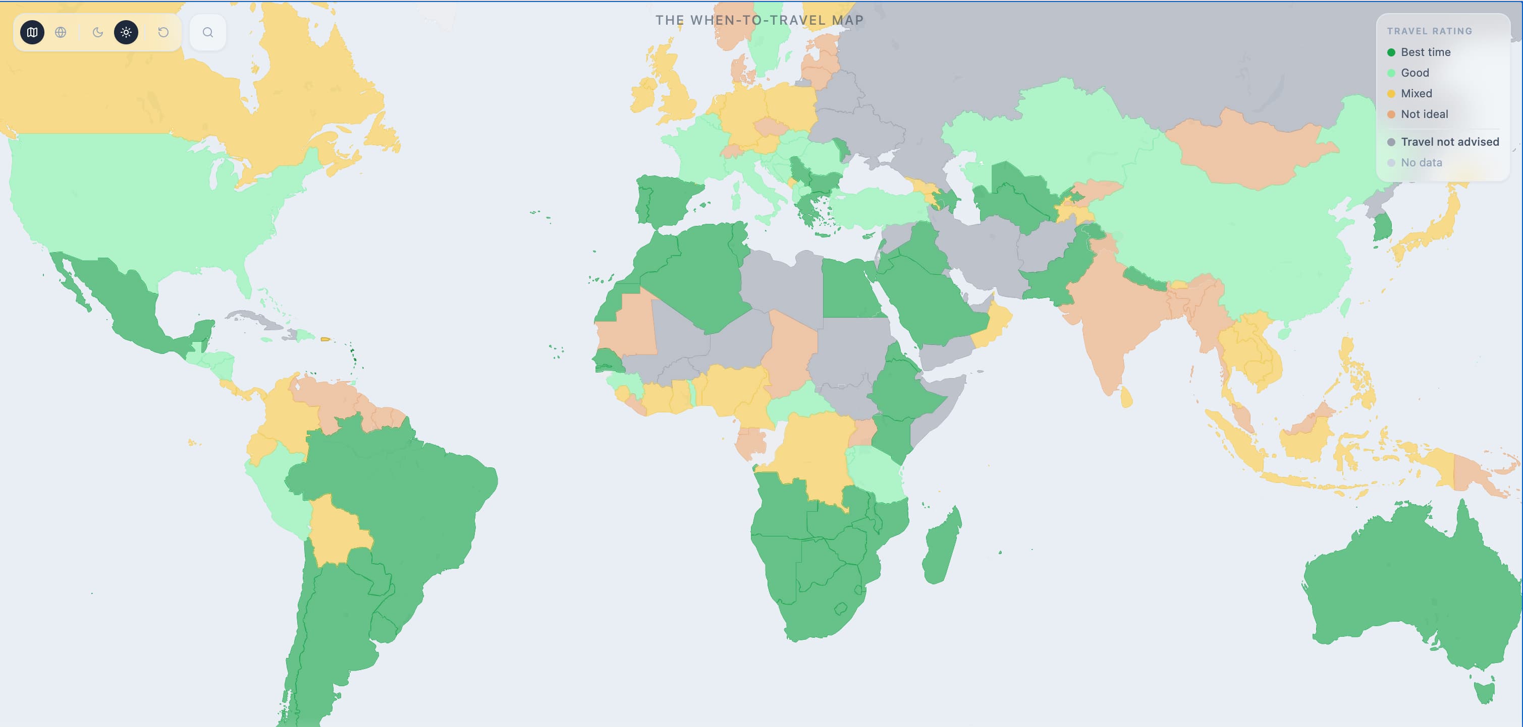 World map showing the best months to travel based on weather conditions