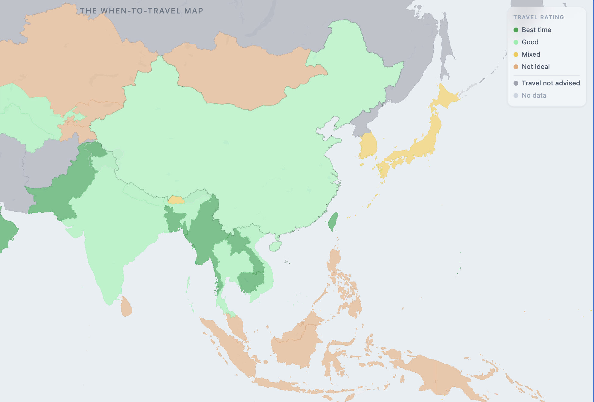 Best time to visit Asia map showing monthly travel conditions by country